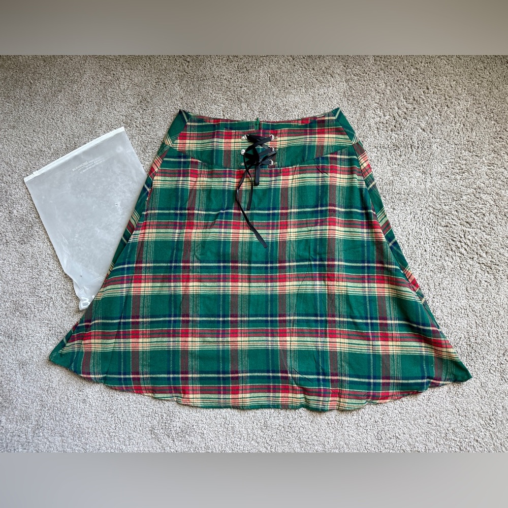 BloomChic Green and Red Plaid A-Line Skirt